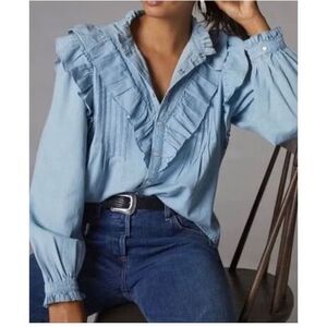 Love The Label Anthropologie Denim Shirt Ruffled Snap Front Size XS cottagecore